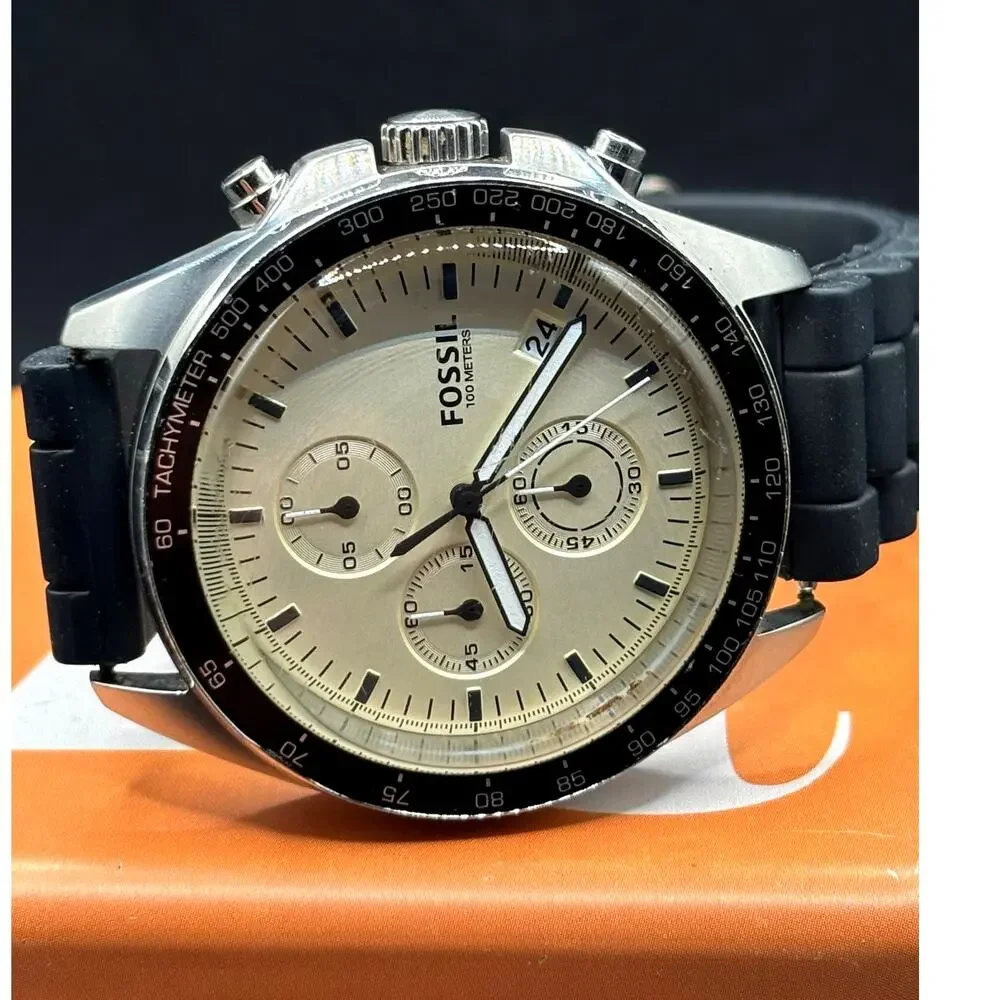 Fossil Sport 54 CH3023 Chronograph Beige Dial Black Strap 44mm Watch